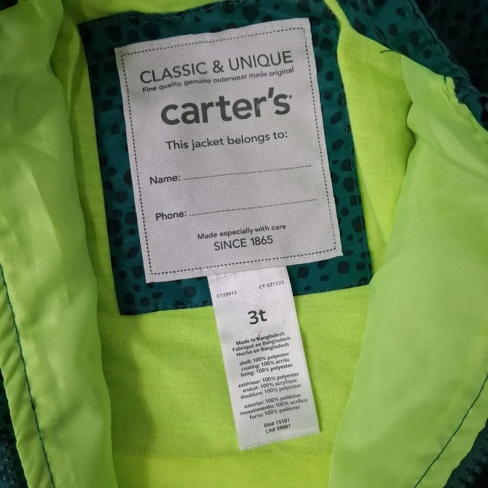 Carters Rain Coat Jacket Size 3t Dinosaur Hooded Full Zip Lined Windbreaker Kids